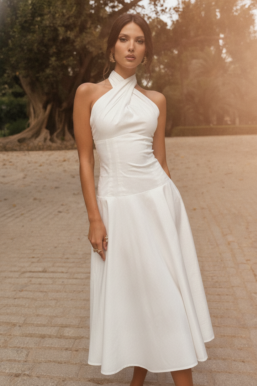 Francesca | White Halter Neck Cross Bodycon Midi Dress