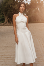 Francesca | White Halter Neck Cross Bodycon Midi Dress