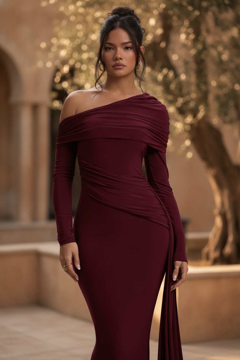 Yolanda | Burgundy Asymmetric Ruched Bodycon Maxi Dress