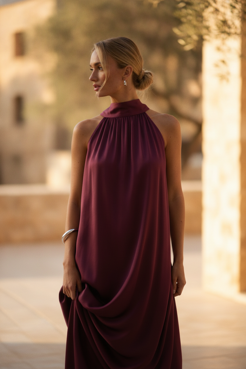 Fenella | Halter Neck House Dress in Luxe Satin