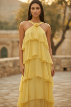 Camille | Layered Halter Neck Yellow Maxi Dress For Occasions