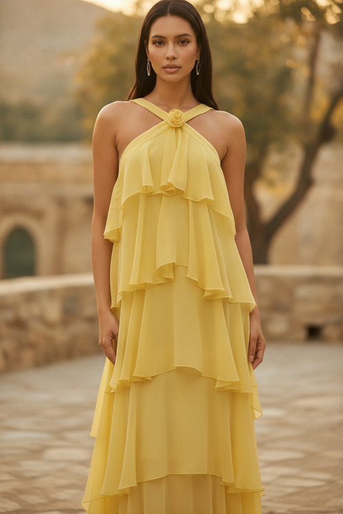 Camille | Layered Halter Neck Yellow Maxi Dress For Occasions