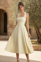 Leonie | Pale Lemon Halter Bandage A-Line Midi Dress