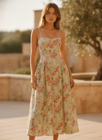 Thalia | Floral Corset Spaghetti Straps Midi Summer Dress