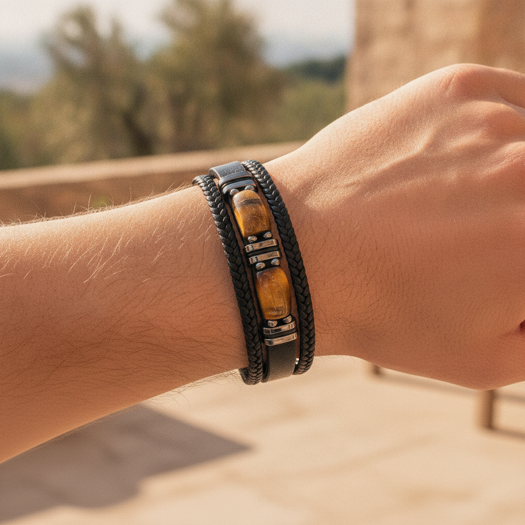 Phineas | Mens Bracelet Braided Leather Tiger Eye Casual