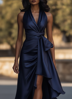 Eulalie | Satin Halter Midnight Wedding Guest Ruffle Gown