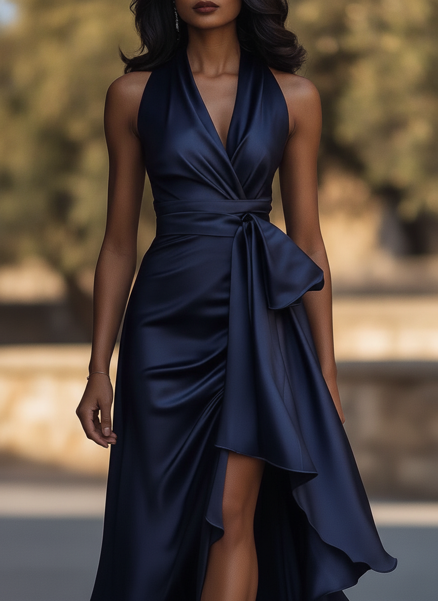 Eulalie | Satin Halter Midnight Wedding Guest Ruffle Gown