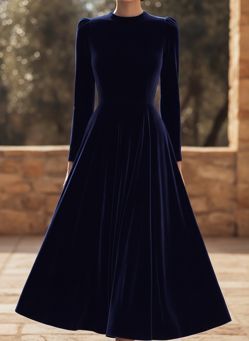 Albane | A-Line Long-Sleeve Velvet Midi Wedding Guest Dress