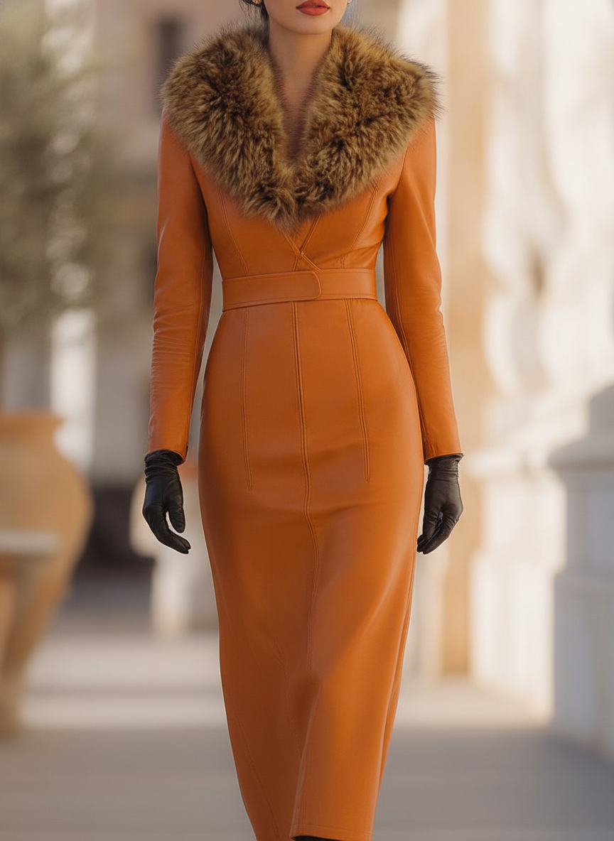 Josephine | Belted Faux Leather Fur Collar Maxi Dress