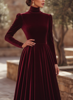 Sabine | Velvet Long Sleeve Pleated Evening Gown Maxi Dress