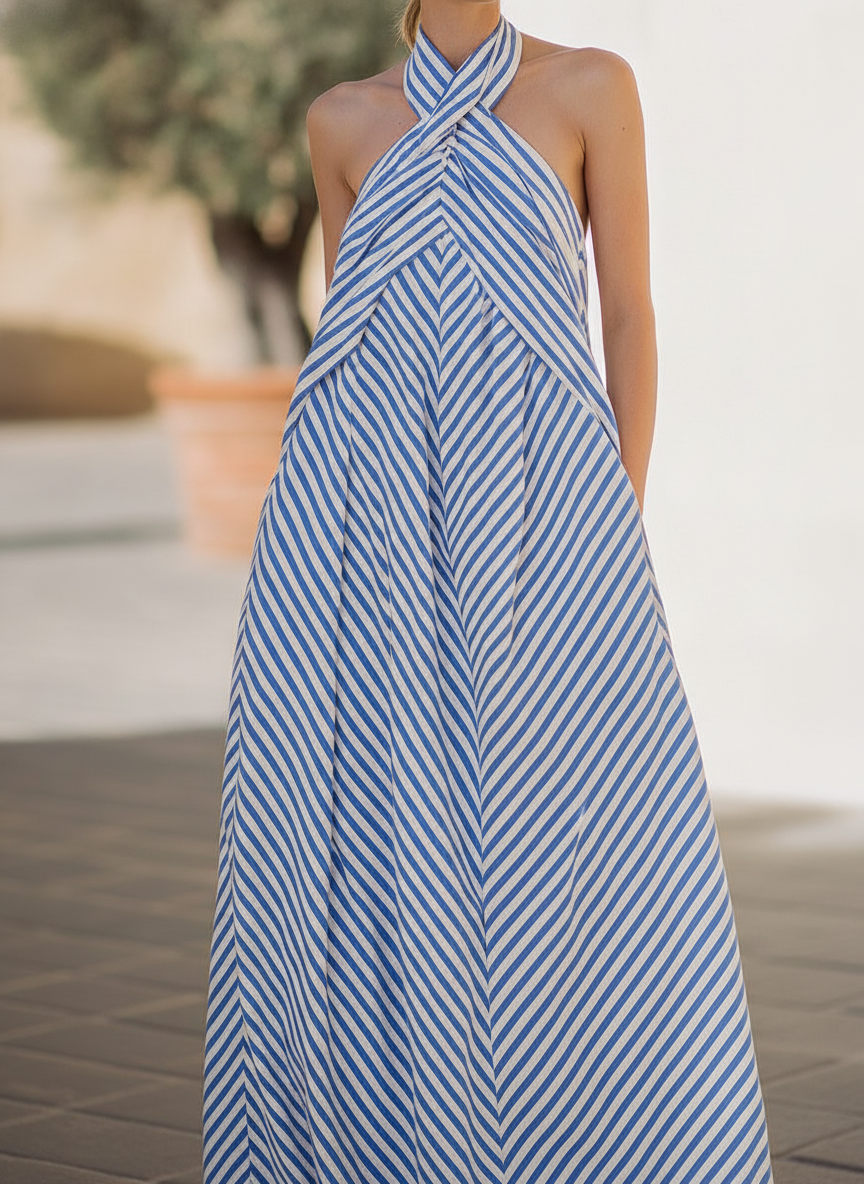 Verena | Halter Neck Striped Maxi Garden Party Dress