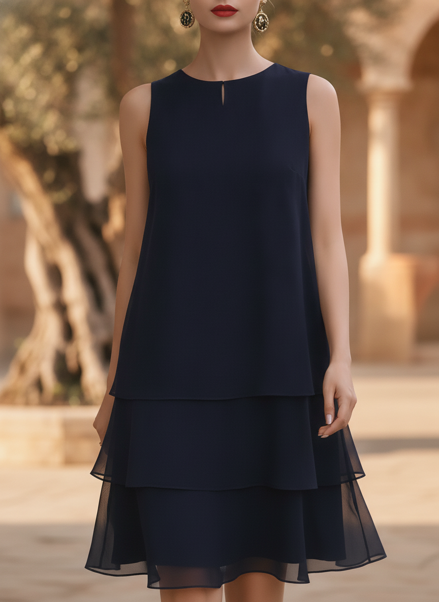Eulalie | Sleeveless Tiered Pleated Chiffon Shift Cocktail Dress