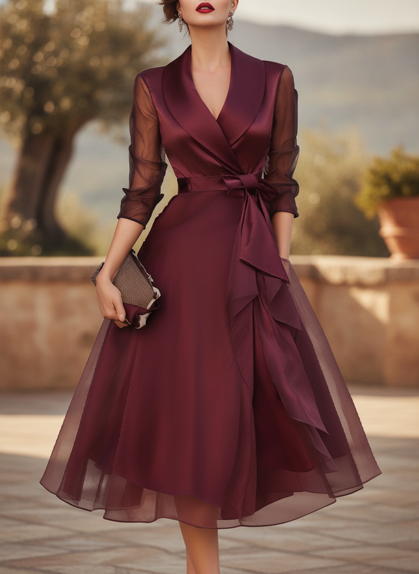 Honorine | Belted Tuxedo Wrap Evening Dress Burgundy Sheer Sleeves