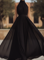 Evangeline | Halter Neck Pleated Chiffon Evening Maxi Dress