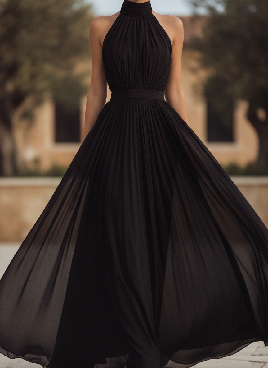 Evangeline | Halter Neck Pleated Chiffon Evening Maxi Dress