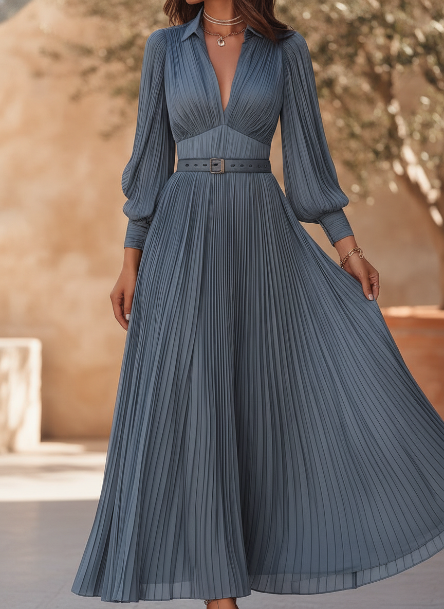 Mathilde | Belted Pleated Midi Garden Party Dress Powder Blue