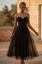 Lucinda | Black Corset Tulle Midi Dress For Weddings And Parties