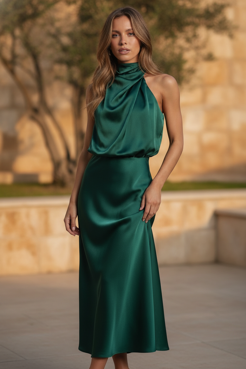 Sidonie | Summer Wedding Guest Dress Halter Neck Satin Midi