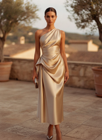Eulalie | Satin One Shoulder Ruched Midi Wedding Guest Dress