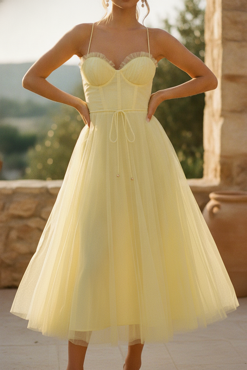 Edith | White Tulle Midi Dress With Corset Bodice