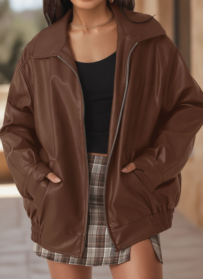 Marguerite | Oversized Leather Bomber Jacket in Black Brown Olive