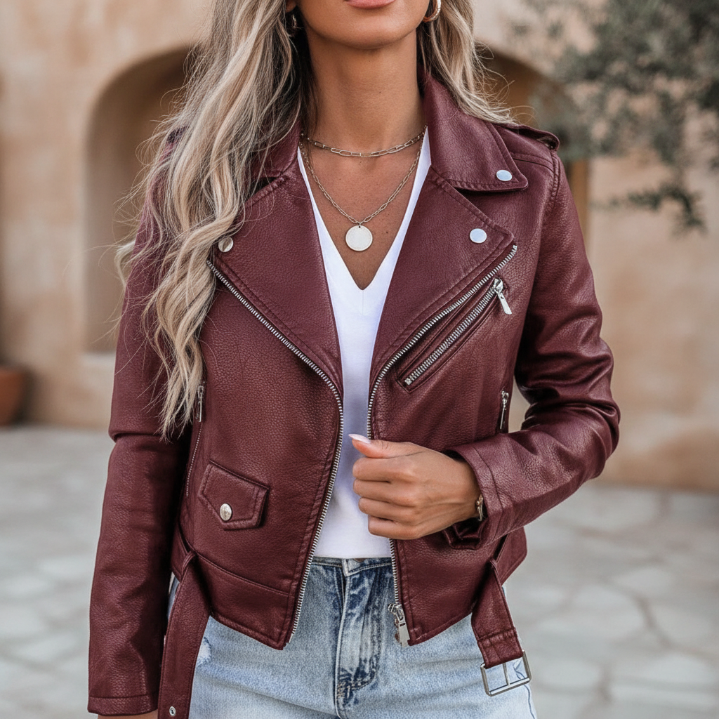 Nadia | Faux Leather Biker Jacket Asymmetric Zip Moto Style