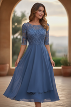 Edith | Women Long Sleeve Chiffon Midi Wedding Guest Dresses