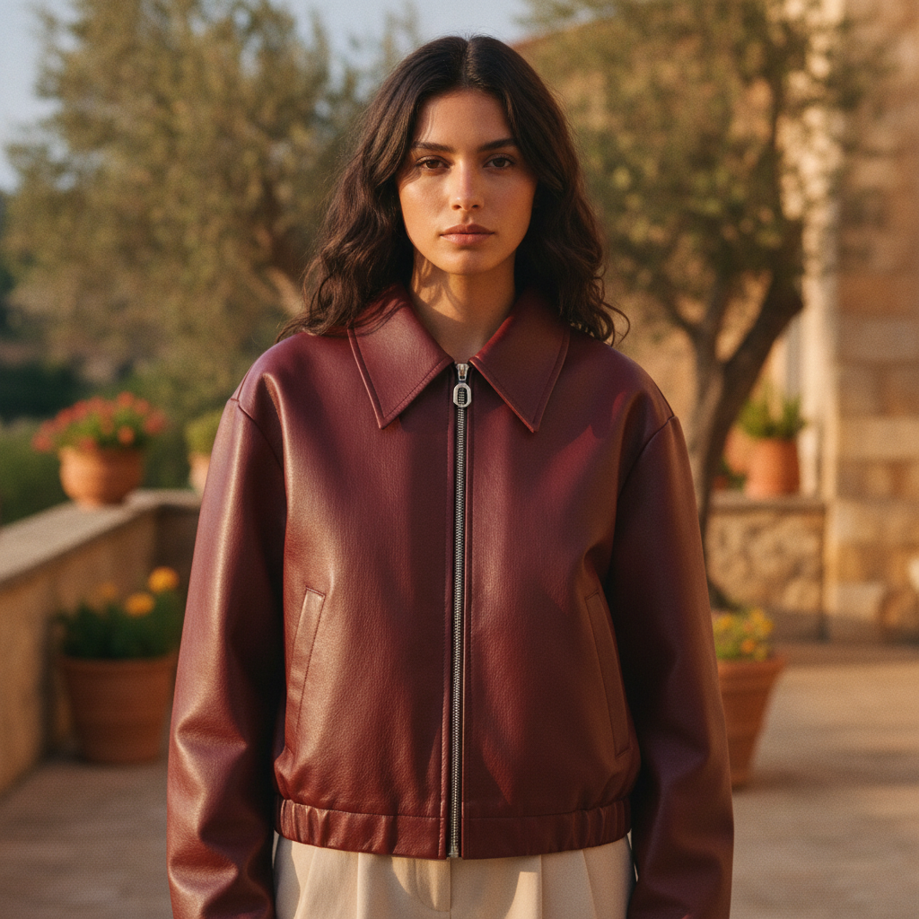 Lucinda | Women Leather Bomber Jacket in Burgundy