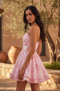 Constance | Floral Halter Neck Mini Wedding Guest Dress Pink