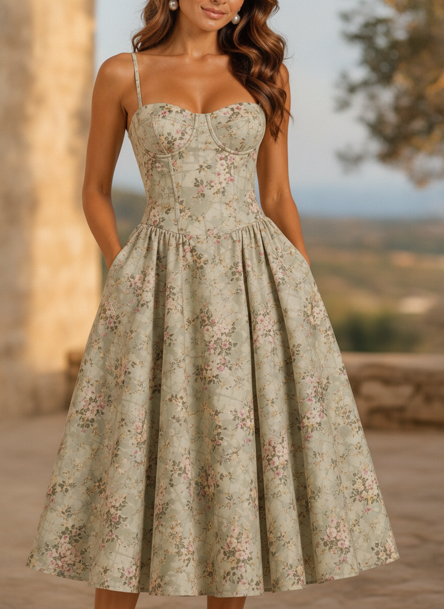 Berenice | Floral Midi Wedding Guest Dress With Corset Detail