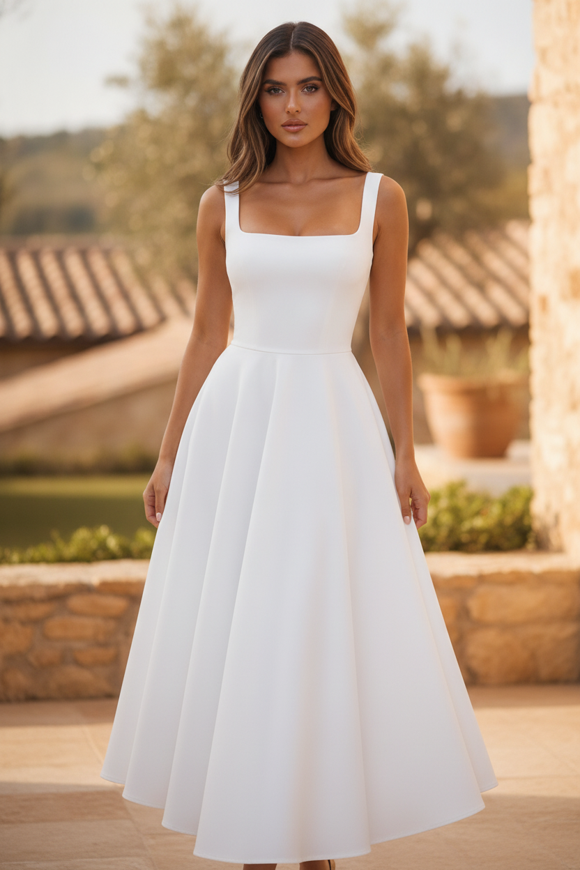 Adeline | Square Neck Midi Office Attire Dress For Women