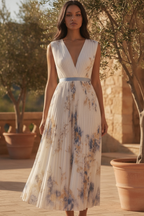 Bridget | Floral Pleated V-Neck Midi Bridesmaid Dresses
