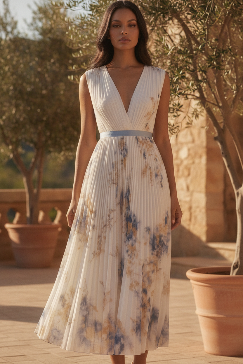 Bridget | Floral Pleated V-Neck Midi Bridesmaid Dresses