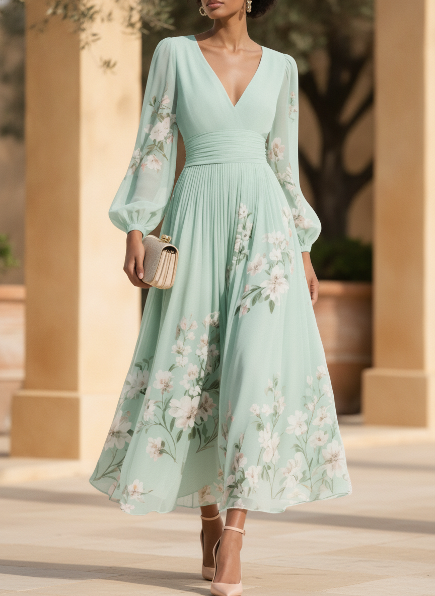 Anouk | Floral Bridesmaid Dresses V-Neck Long Sleeve Midi