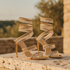 Cordelia | Gold Block Heels For Wedding With Crystal Embellishment