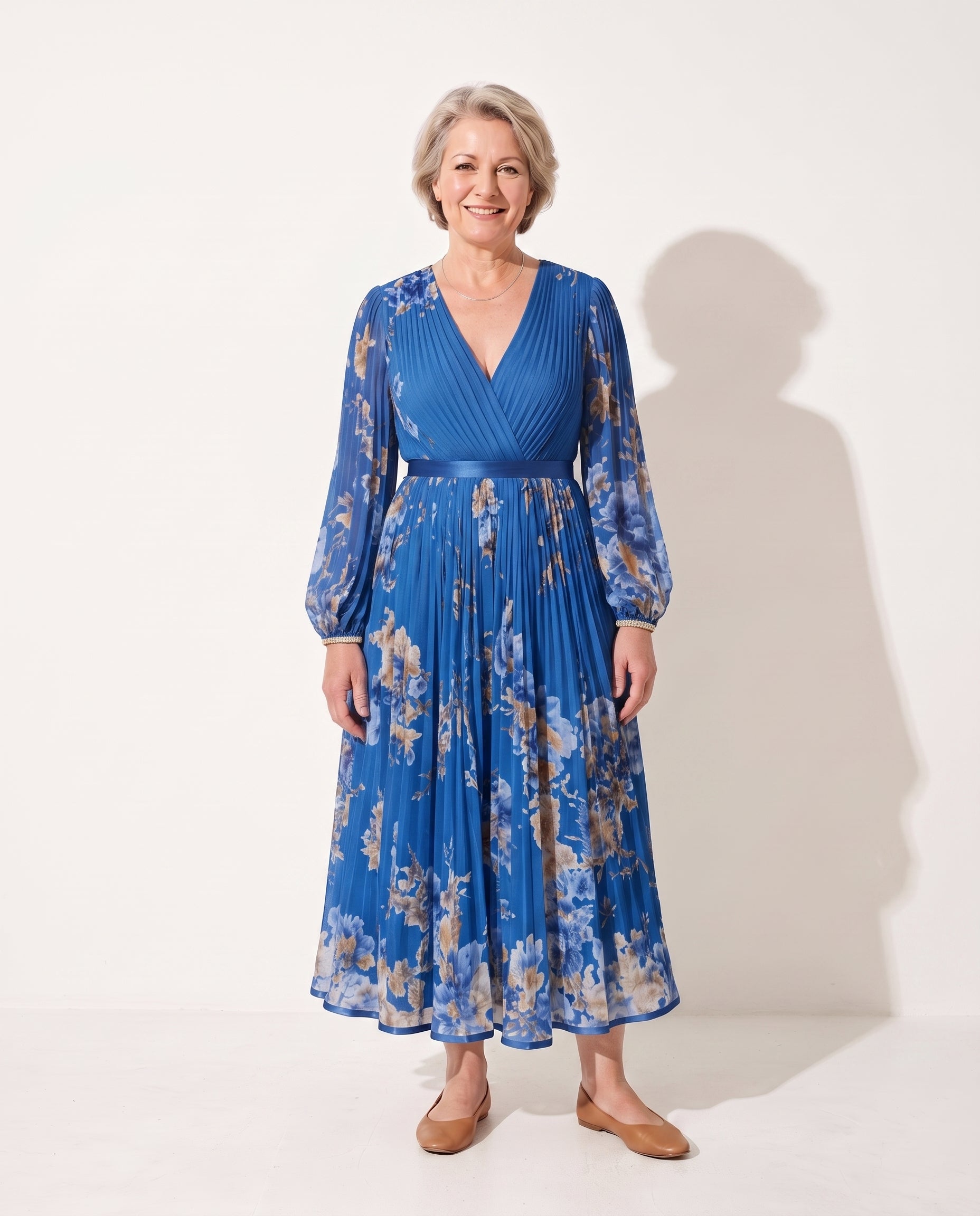 Isadora | Long Sleeve Floral Maxi Wedding Guest Dresses — Blue