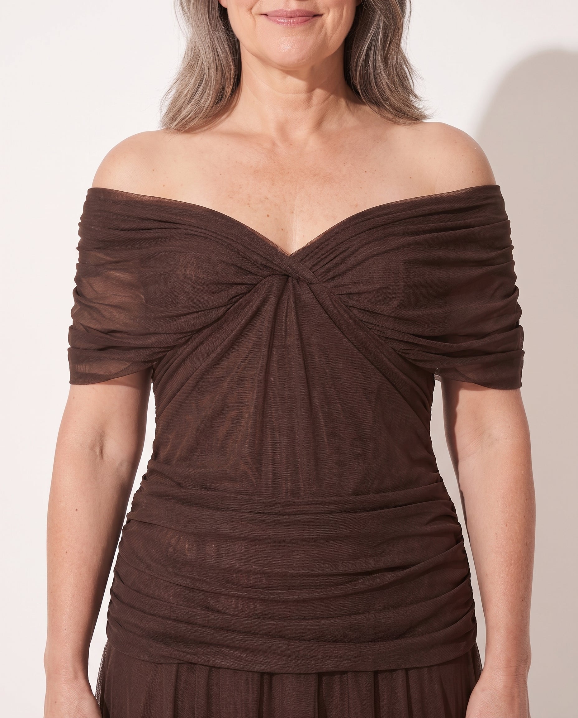 Apolline | Bebe Off Shoulder Ruched Evening Dresses — detail