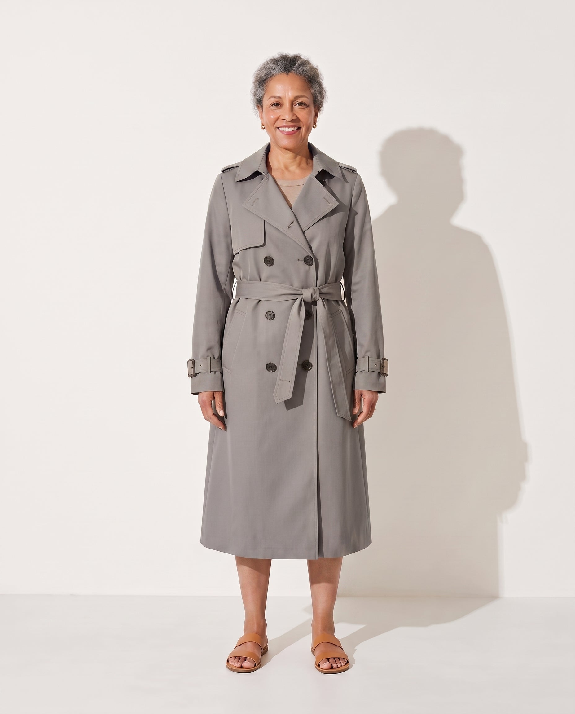 Persephone | Womens Leather Trench Coat Longline Belted — Grey