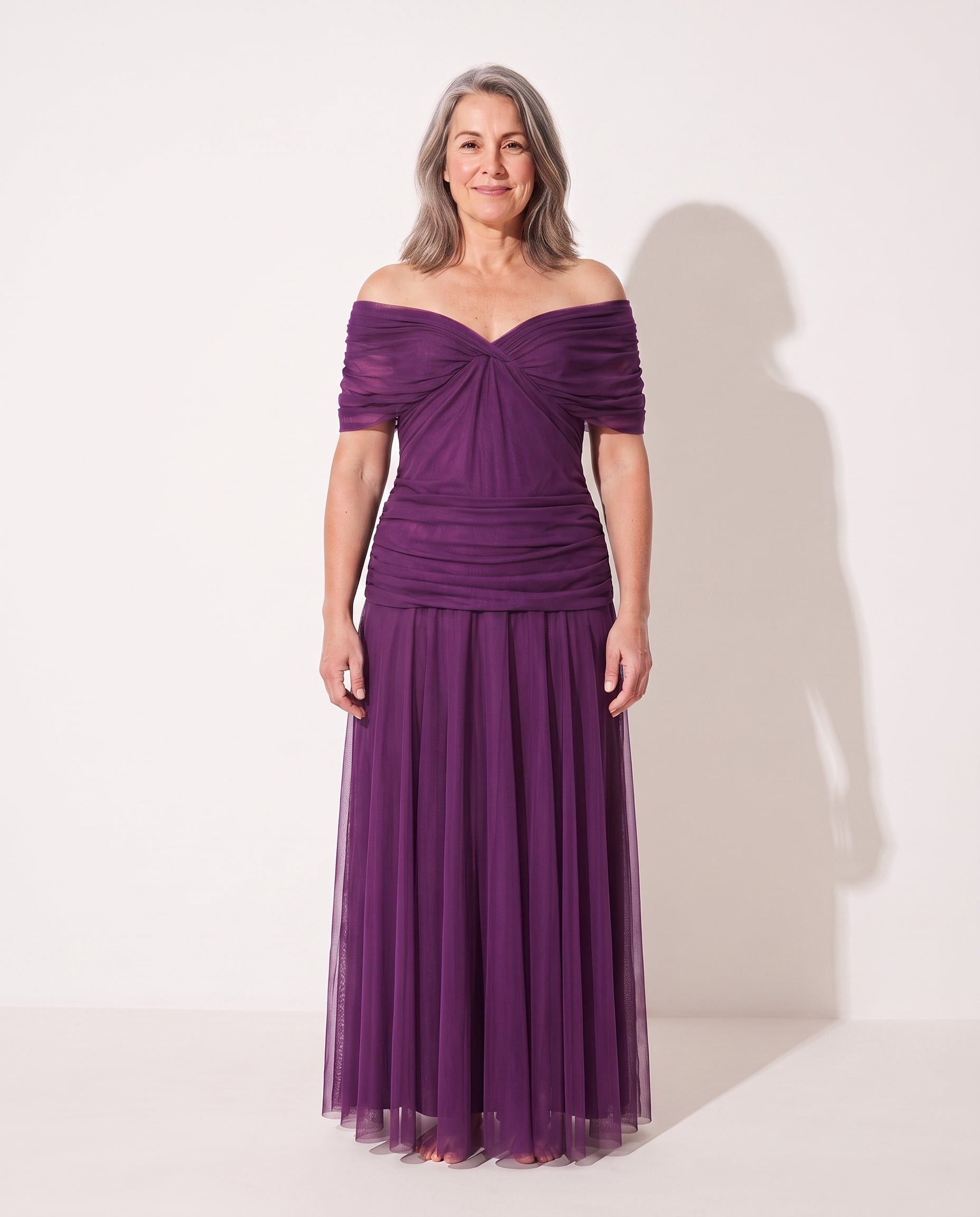 Apolline | Bebe Off Shoulder Ruched Evening Dresses — Purple