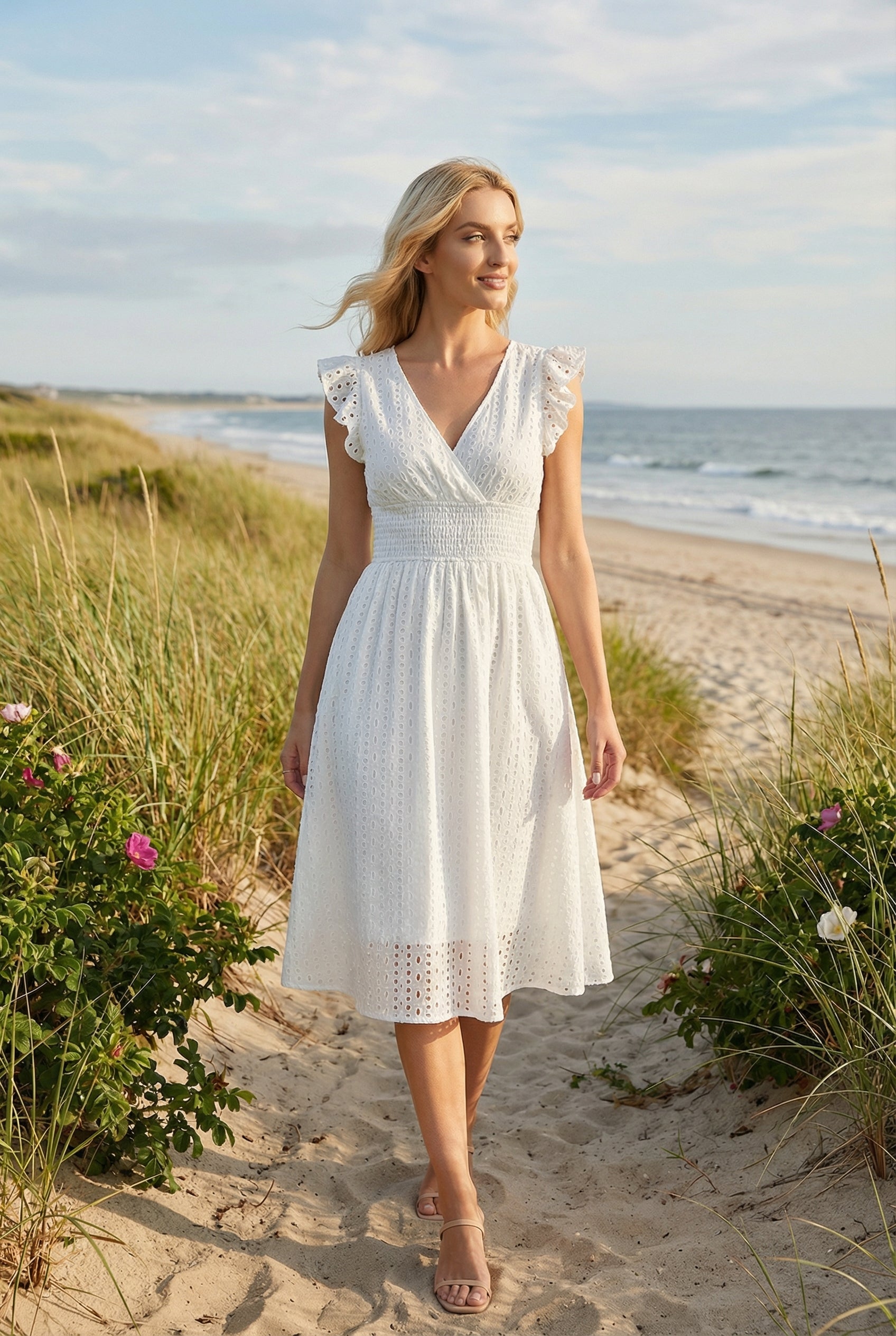 Edith | Eyelet Babydoll Garden Party Dress With Smocked Waist
