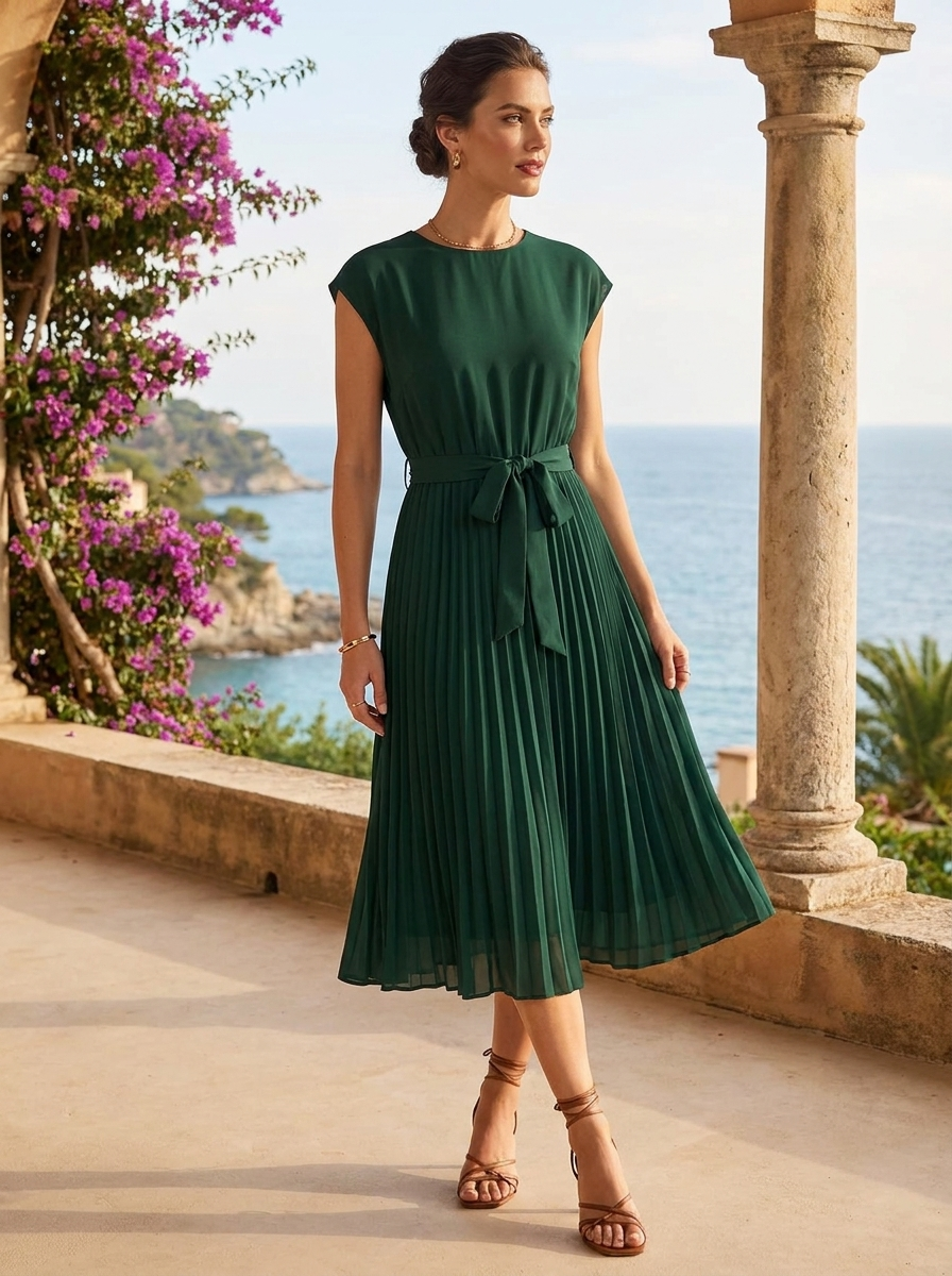 Beatrix | Pleated Chiffon Midi Dress With Belt For Every Occasion