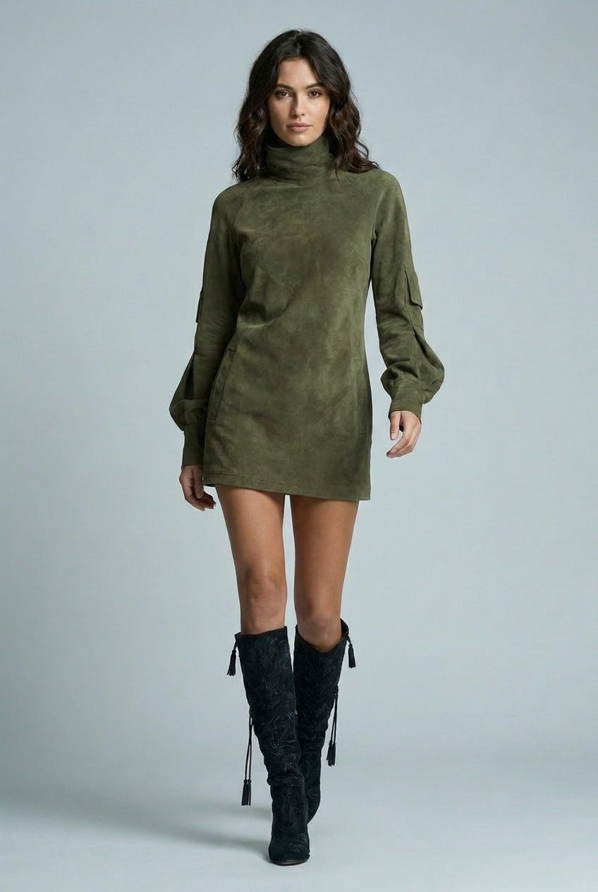 Dominique | Purple Red Lace Bodycon Mini Long Sleeve Maxi Dress — Army Green