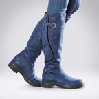 Constance | Wide Fit Knee High Platform Black Leather Boots — Navy Blue