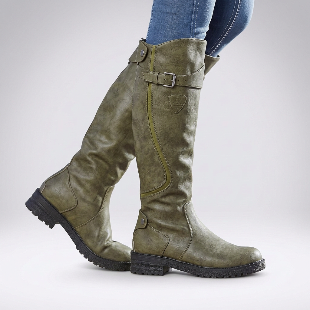 Constance | Wide Fit Knee High Platform Black Leather Boots — Olive Green