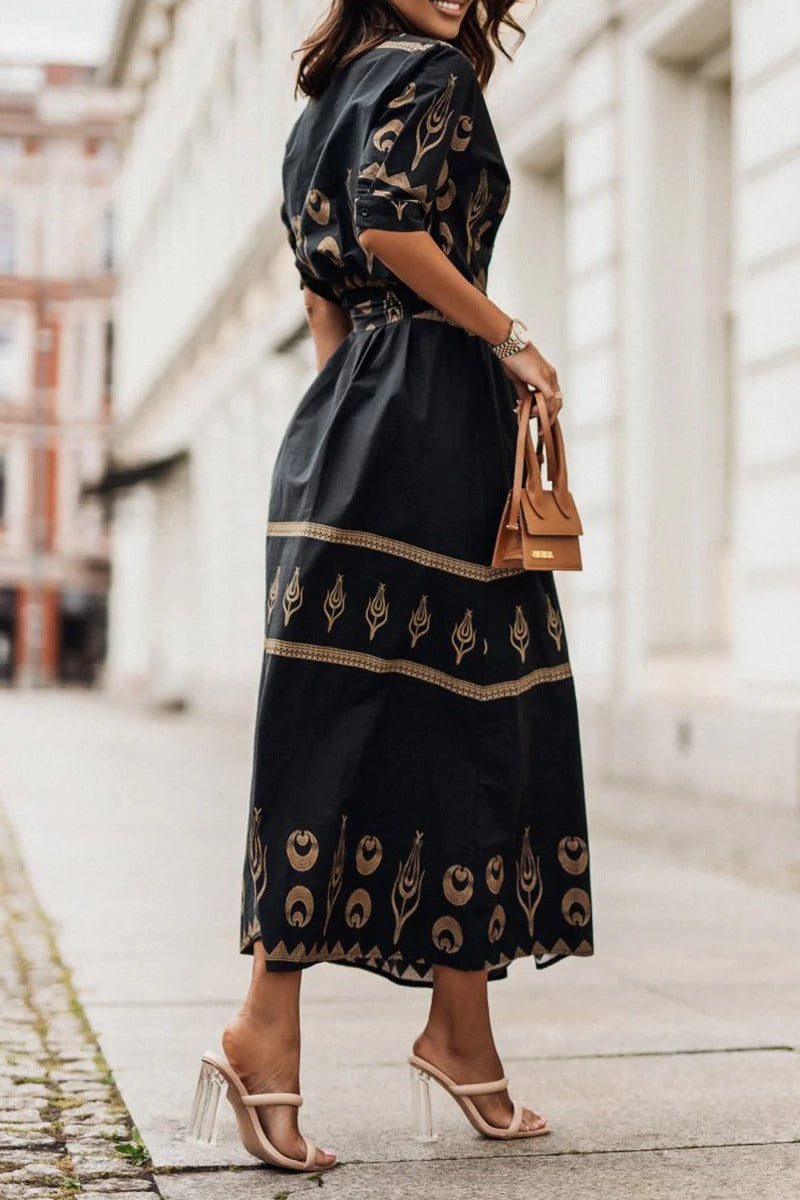 Constance | Boho Printed Belted Midi Garden Party Dress