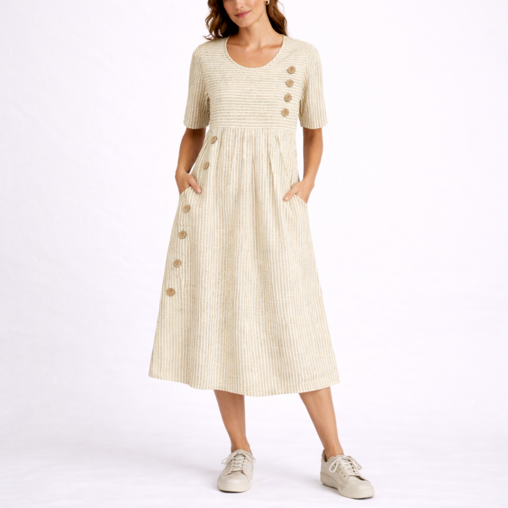 Lavinia | Striped Babydoll Midi Dress In Blue Beige Grey