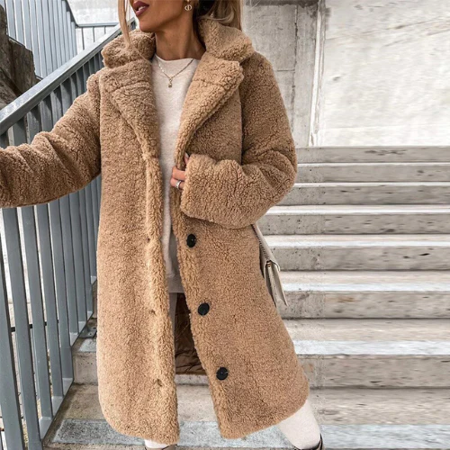 Felicity | Long Teddy Bear Coat in Black Pink for Women — Khaki