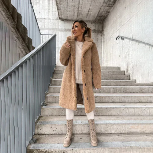 Felicity | Long Teddy Bear Coat in Black Pink for Women