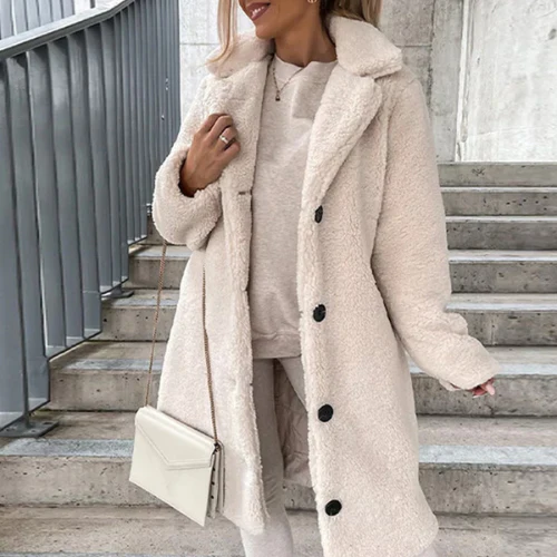 Felicity | Long Teddy Bear Coat in Black Pink for Women — White