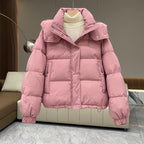 Henriette | Black Hooded Puffer Jacket Coat with Fur Hood — Pink